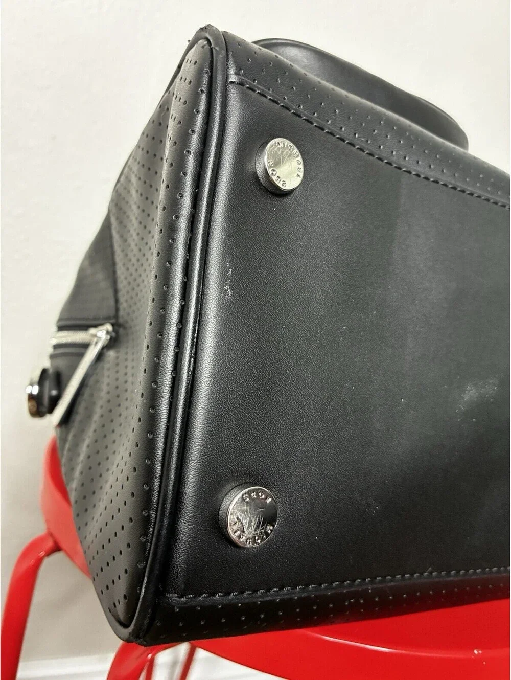 Michael Kors Hanover Black Perforated Leather Satchel Handbag Crossbody Strap